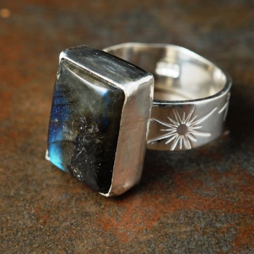 Handcrafted contemporary recycled sterling silver diamond labradorite stamped square ring